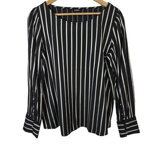 Express Womens Large Black White Striped Boat Neck Blouse Button Cuff